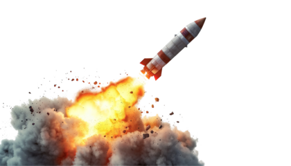 Rocket Launch with Fiery Explosion and Smoke, Isolated on White PNG Transparent Background