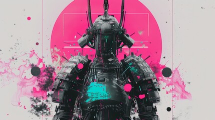 Digital illustration featuring a cyberpunk robot samurai