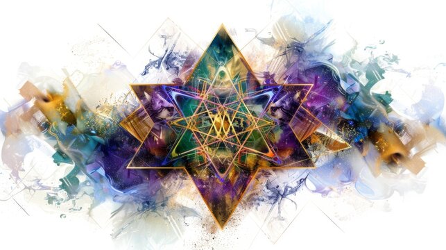Digital illustration featuring a metaphysical merkaba geometry