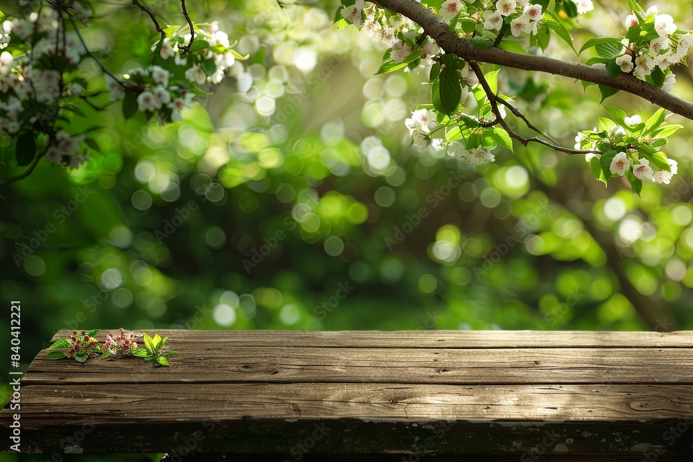 Sticker A serene spring scene with lush young greenery and delicate flowering branches, with an empty wooden table positioned in the sunny outdoors