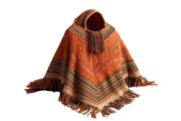 Orange Hooded Poncho with Fringes