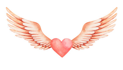 Watercolor illustration. Hand painted red heart with yellow, orange spread wings as angel. Cupid, cherub. Love symbol. Wings with feathers. Isolated clip art for weddings. Love card for Valentine Day