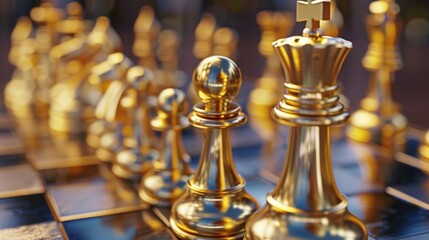 Group of golden chess pieces on a chess board, perfect for business or strategy themed contexts