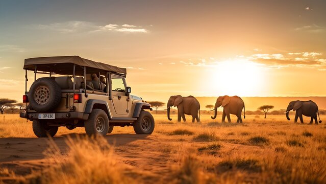 Fototapeta african savannah sunrise with a jeep safari and elephants