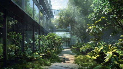 Green Living Futuristic ZeroEnergy Building with Adaptive Glass Technology in Lush Natural Setting