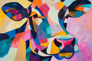 An abstract art form of a cow's face, featuring bold geometric shapes and vibrant colors, set against a soft pastel pastel background