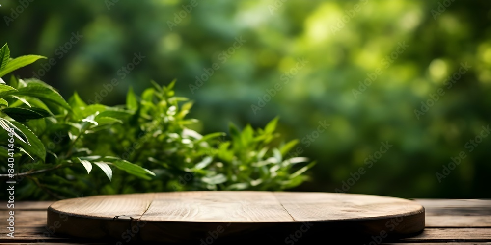 Aufkleber forest background with blurred effect behind an empty wooden round table perfect for showcasing prod