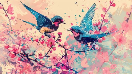 Retro spring plant swallows pattern illustration poster background