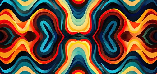 Obraz premium Colorful abstract background with symmetrical patterns and vibrant, fluid shapes in various shades of blue, orange, and yellow.