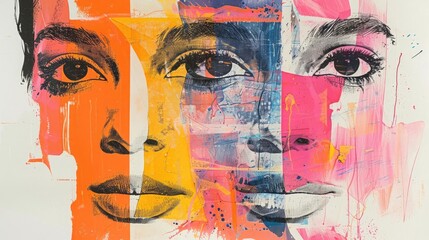 Colorful abstract portrait painting with vibrant orange, pink, and blue hues, featuring expressive female faces.