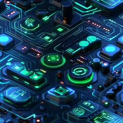 Fototapeta premium A futuristic 3D render of a geometric control panel, with hexagonal buttons and holographic displays glowing in shades of blue and green. Minimal pattern banner wallpaper, simple background, Seamless,
