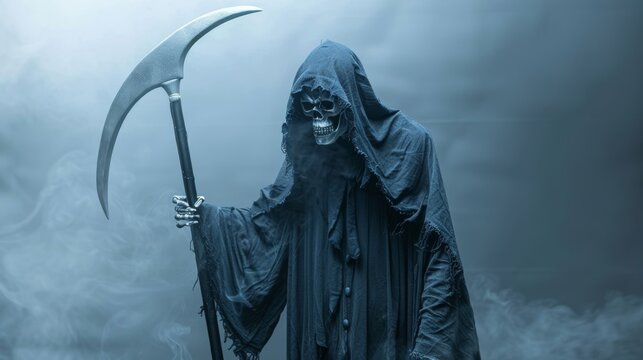 Eerie grim reaper reaching out in dark, smoky setting with copy space for text or design elements