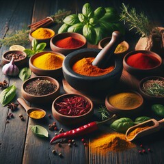 Cooking ingredients, colorful variety of spices, herbs and other ingredients on kitchen table.