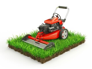 A red lawnmower on a square of grass. Isolated...