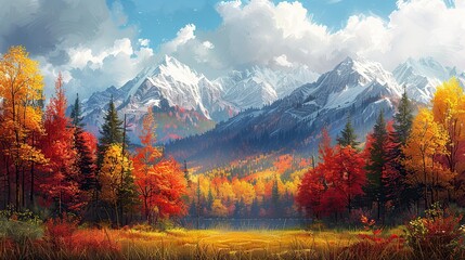 an illustration painting of a beautiful landscape with colorful forests.image illustration