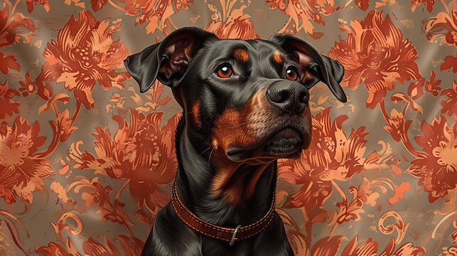 an elegant doberman against a neo trabal tattoo pattern great for typography clothing merch t shirts album covers etc.stock image