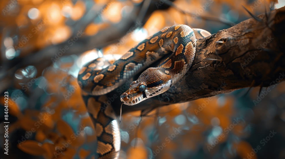 Poster a close-up shot of a snake wrapped around a tree branch, highlighting its texture and pattern
