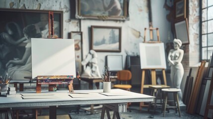 Creative Workspace Art School Classroom with Blank Business Cards Easels and Sculptures