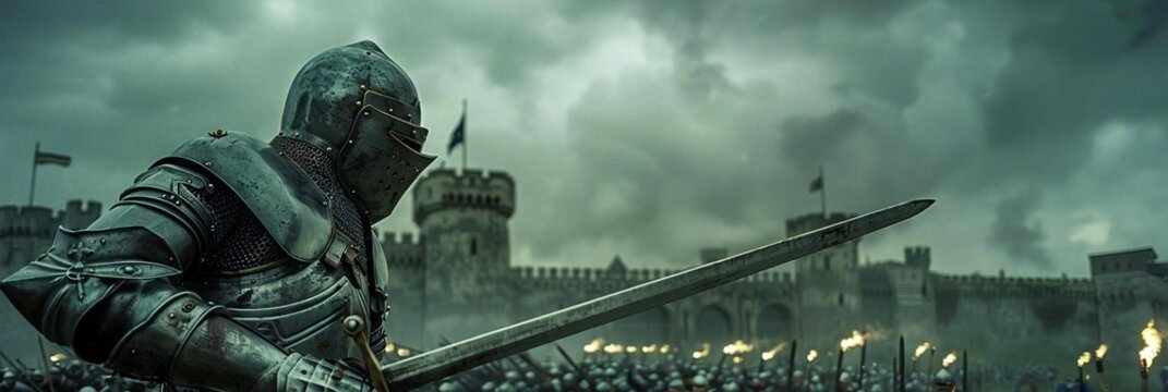 gallant knight in gleaming armor brandishing sword in dramatic medieval setting