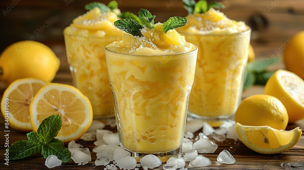 Poster a close-up of two glasses of lemonade with lemons and mint on a table with additional lemons