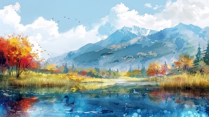 Obraz premium watercolor The image shows a beautiful mountain landscape with a crystal clear lake in the foreground