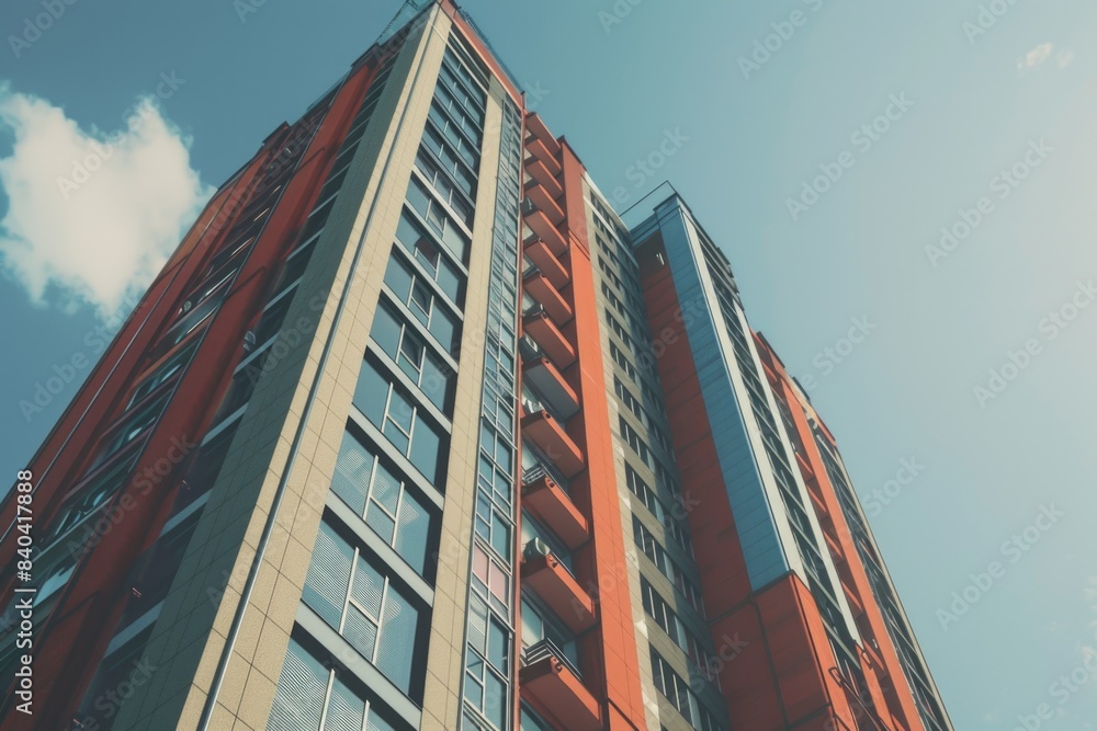 Poster tall red skyscraper with numerous windows and modern architecture, suitable for use in urban plannin