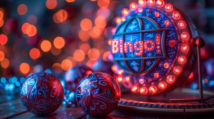 Festive Bingo Night With Illuminated Ornaments and a Sparkling Cage. Generative AI