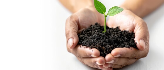 Hands holding small plant seedling growing in soil, symbolizing growth, nature, and environmental sustainability.