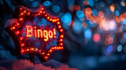 A Festive Winter Night With a Sparkling Bingo Sign. Generative AI