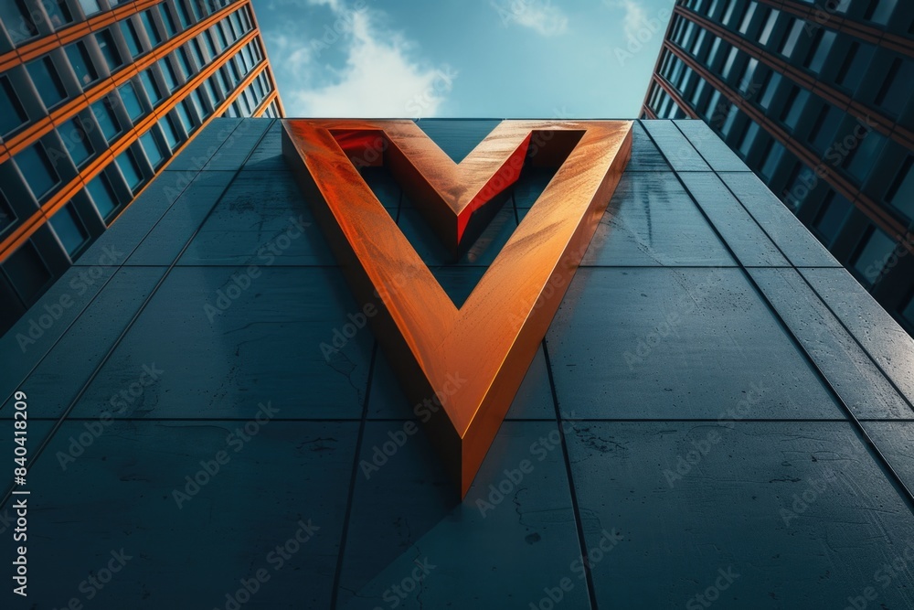 Poster a picture of a building with a distinctive v-shaped design on its side