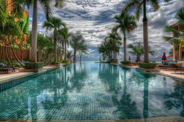 Fototapeta premium A serene atmosphere by the pool with lounge chairs and palm trees, perfect for a relaxing vacation or a summer day