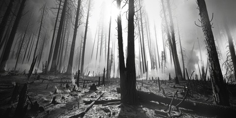 A serene forest scene in monochrome tones