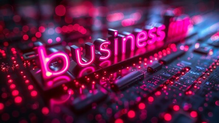 Neon Business Sign Illuminates a Circuit Board. Generative AI