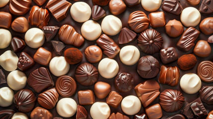 Fototapeta premium a lot of white, milk and dark chocolate candies lie on the surface, close-up photo, background