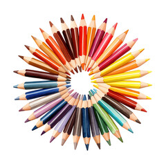 A vibrant spiral of colored pencils arranged in a circular pattern, showcasing various bright and colorful hues. Perfect for art and design themes.