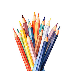 Fototapeta premium Colorful collection of colored pencils arranged in a fan shape, isolated on white background. Ideal for art and design-related content.