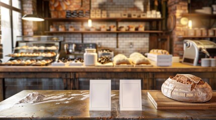 Artisanal Breadmaking Business Cards on Bakery Counter Surrounded by Flour Dough and Woodfired Ovens Professional Baking Workshop Concept