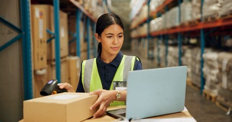 Laptop, qr code and inventory with woman scanning box in warehouse for shipping or delivery....