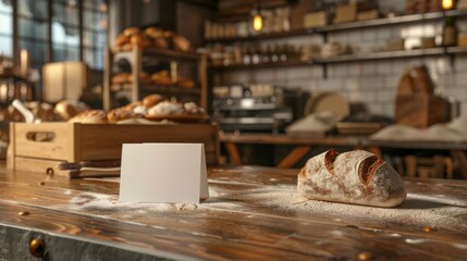 Artisanal Breadmaking Business Cards on Bakery Counter Surrounded by Flour Dough and Woodfired Ovens Professional Baking Workshop Concept