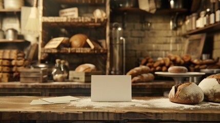 Artisanal Breadmaking Business Cards on Bakery Counter Surrounded by Flour Dough and Woodfired Ovens Professional Baking Workshop Concept