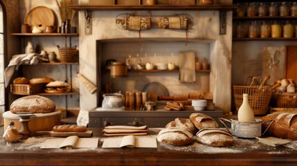 Fototapeta premium Rustic Artisan Bread Bakery Blank Business Cards FlourDusted Apron and Wood Oven in a Cozy Kitchen Setting