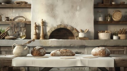 Fototapeta premium Rustic Artisan Bread Bakery Blank Business Cards FlourDusted Apron and Wood Oven in a Cozy Kitchen Setting