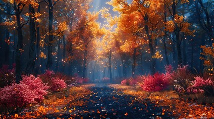 autumn forest scene at night fantasy landscape painting.stock illustration