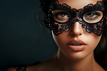 Mysterious young woman in close up with black lace mask against dark background exuding intrigue