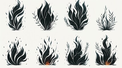 black silhouette flame neo tribal style or silhouette flame for cars minimalistic stylish fire outline and filled contour modern set.stock illustration