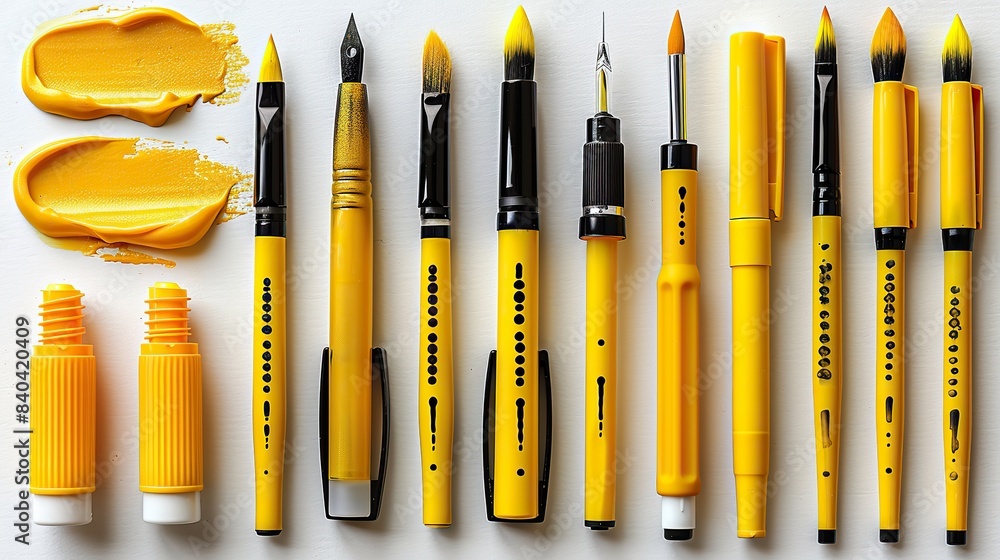 Poster yellow markers brush lines rounds curves marks arrows ticks and crosses highlighters set marker unde