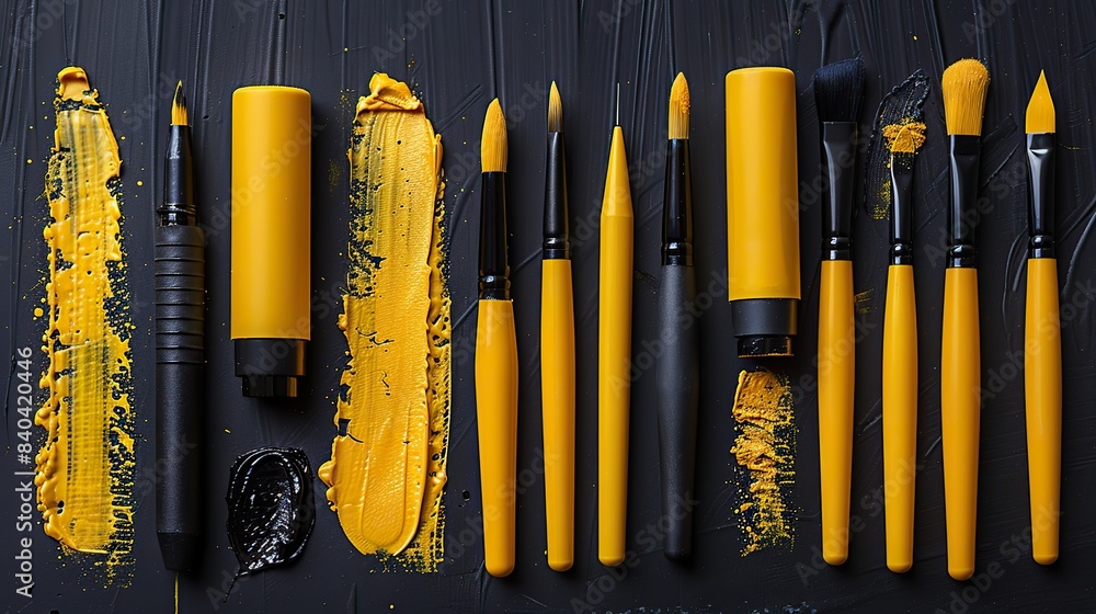 Poster yellow markers brush lines rounds curves marks arrows ticks and crosses highlighters set marker unde