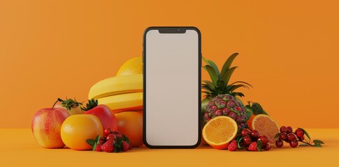 Mobile App Showcase Template with Fresh Fruits and Smartphone, perfect for Food Service Apps