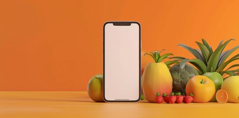 Mobile App Showcase Template with Fresh Fruits and Smartphone, perfect for Food Service Apps