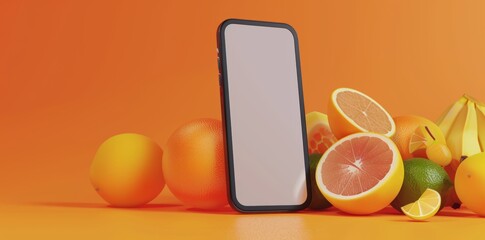 Mobile App Showcase Template with Fresh Fruits and Smartphone, perfect for Food Service Apps